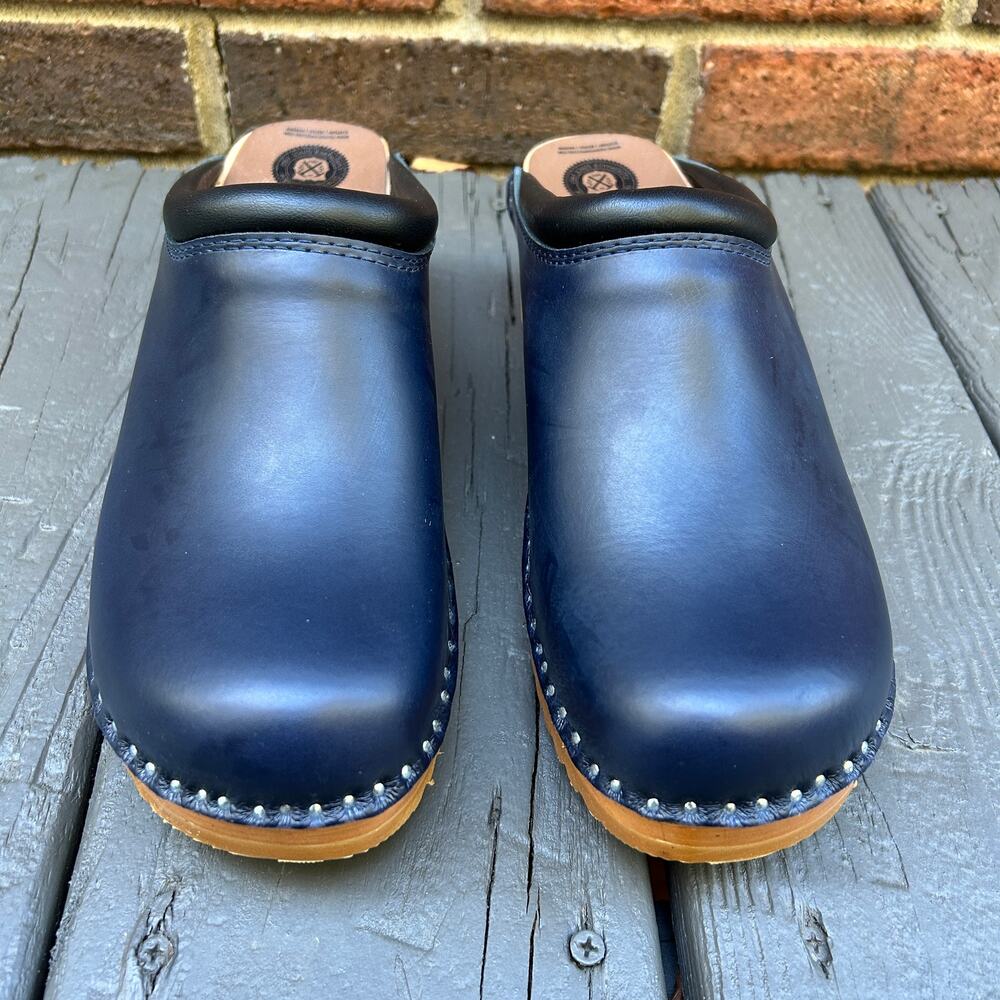 Troentorp Rembrandt Navy Blue Clogs Swedish Wooden Leather Size EU 41 US 10
